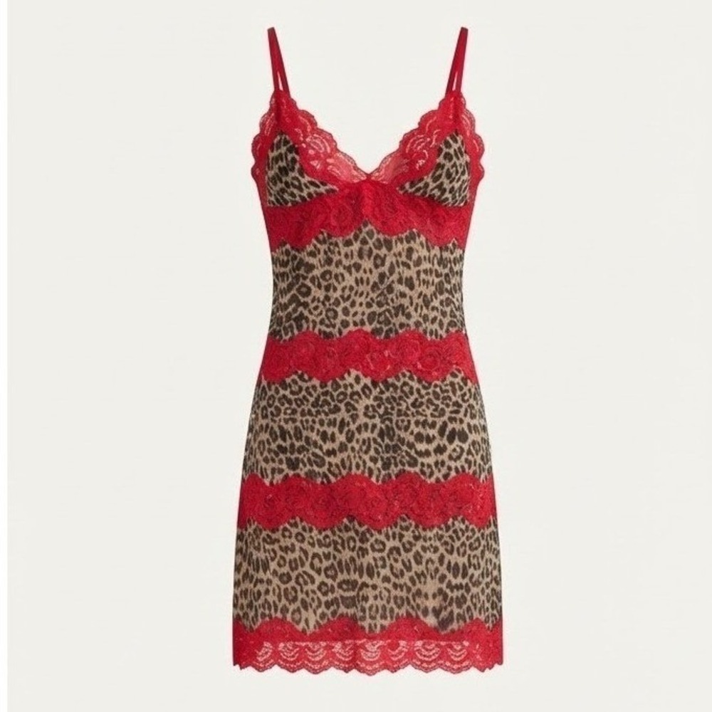 Vintage Y2K Rampage Leopard Print Red Lace Trim Mesh Chemise Slip Dress S
